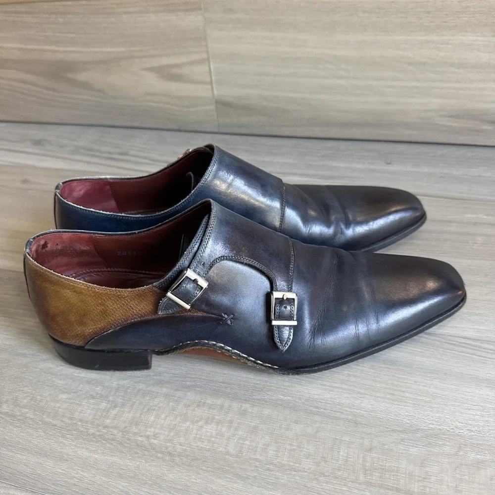 Magnanni Men's Ondara Double-Monk Two-Tone Brown Navy Leather Shoes Sz 12 Spain